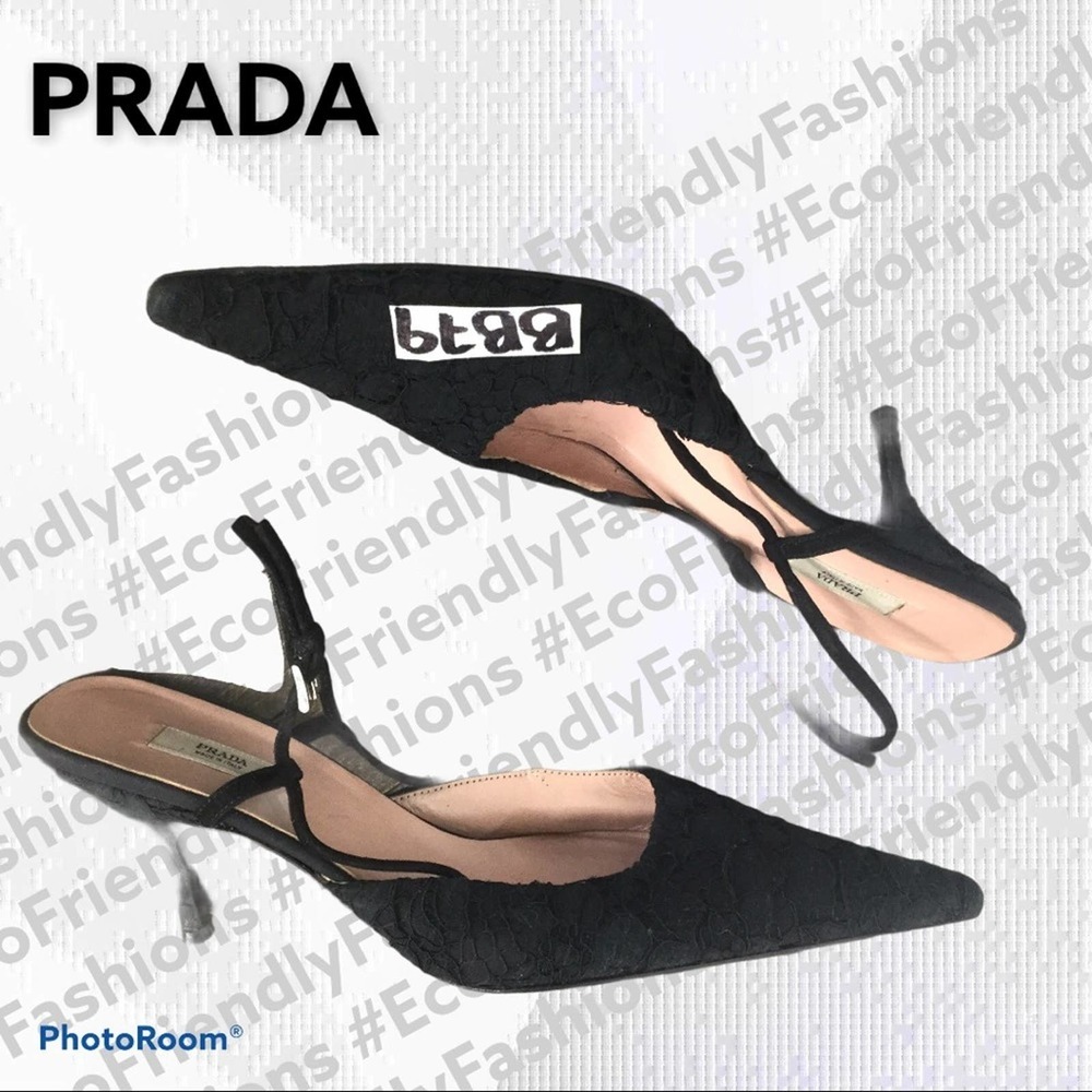 Prada Black Flower Lace Slingback Pumps Lux0** - Picture 12 of 12